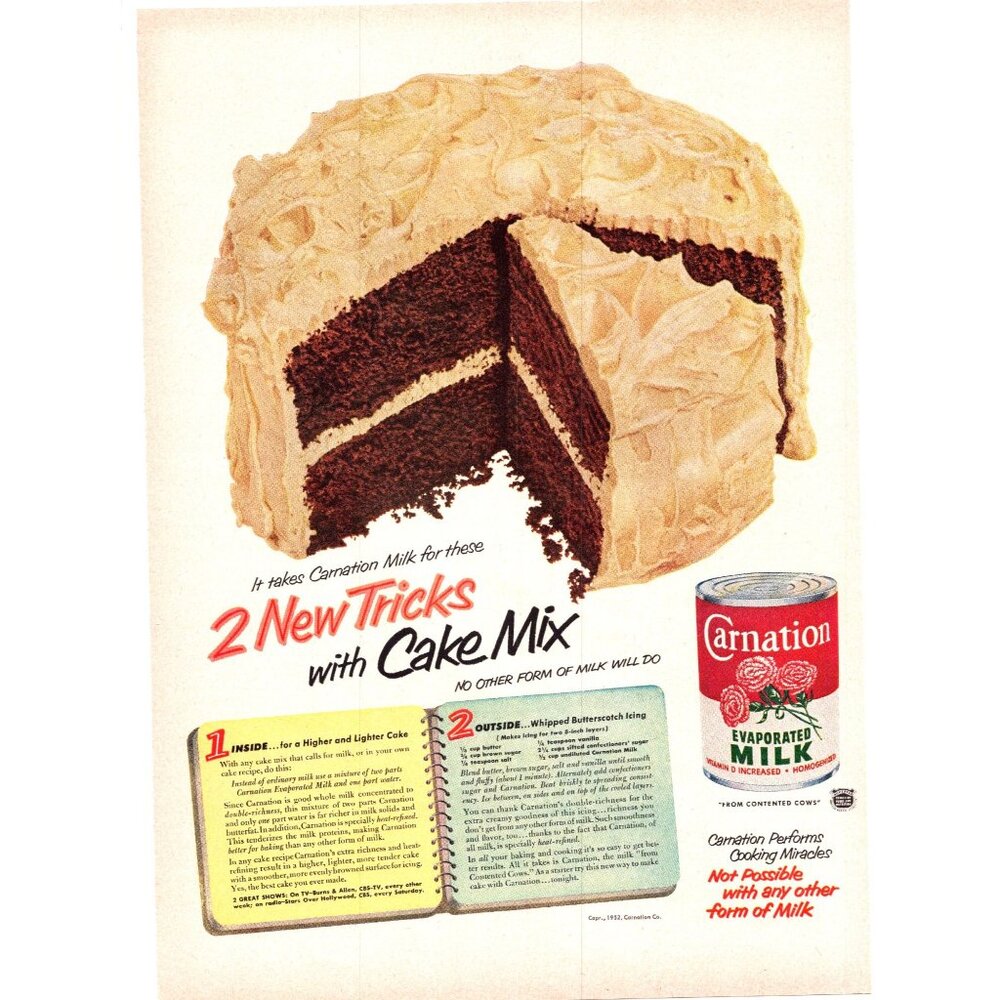 1952 Carnation Evaporated Milk Vintage Print Ad Chocolate Cake Baking Wall Art